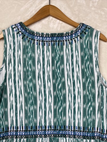J Jill Dress Womens Large Green Blue Embroidered Ikat 100%Cotton Sleeveless - Picture 7 of 15