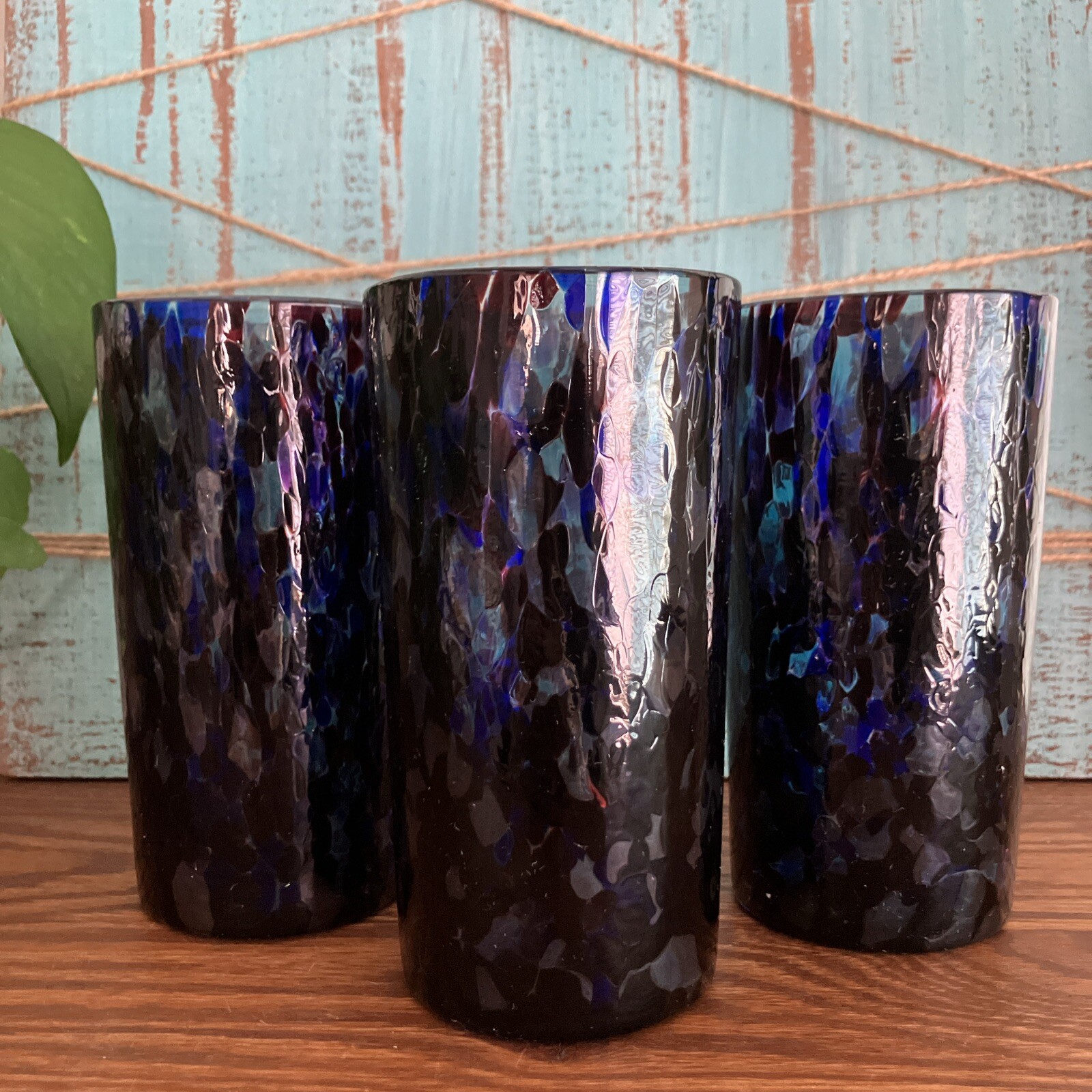 Hand Blown Art Glasses Confetti Pebble Cups Blue Purple Red Set Of 3