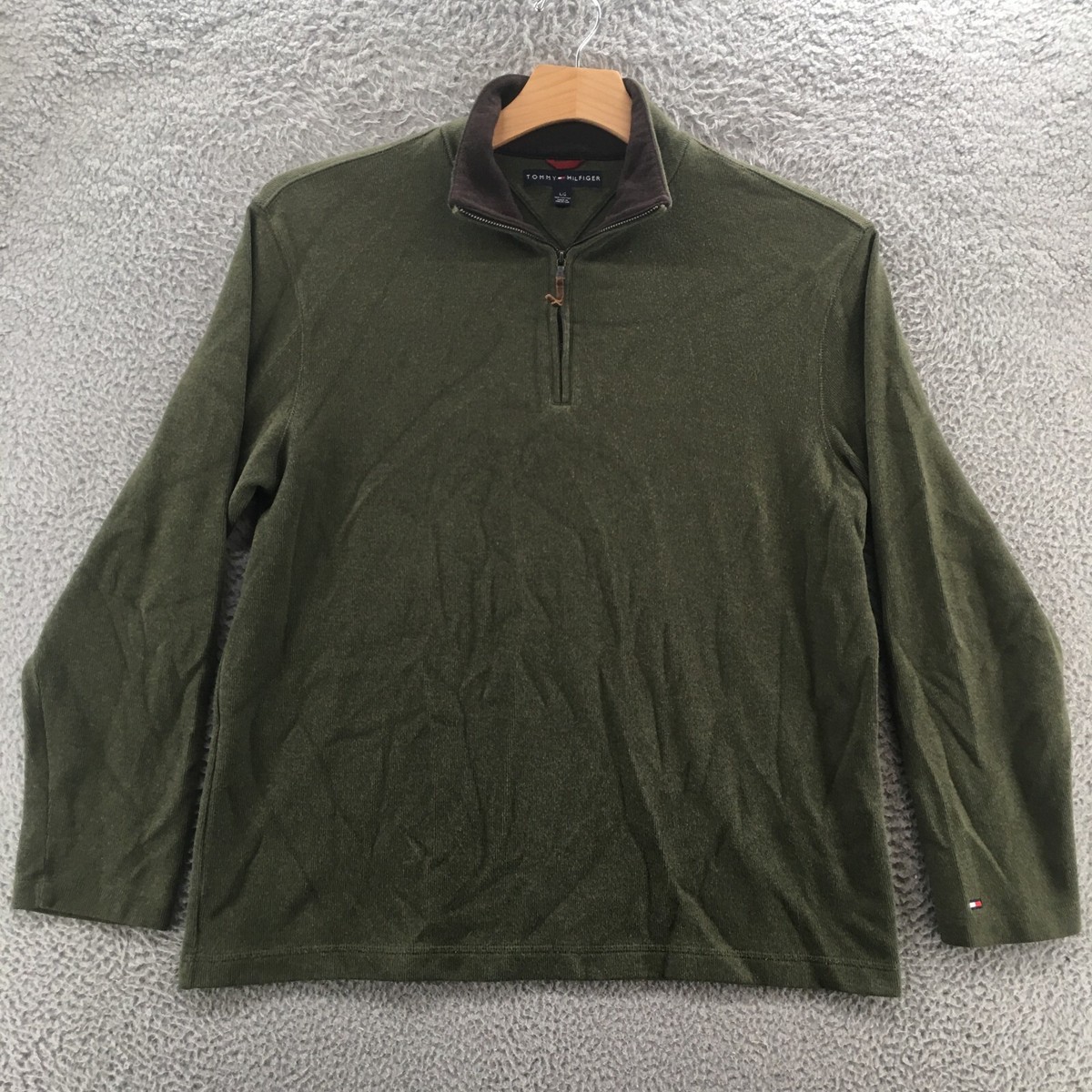 Tommy Hilfiger Pullover Sweater Mens L Green Cotton Quarter Zip