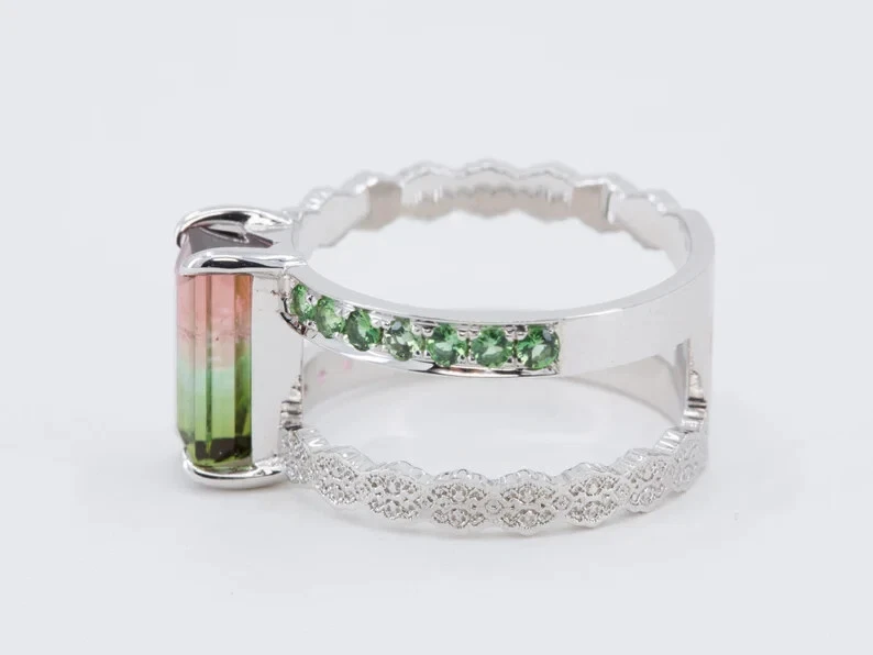 Sterling Silver 18k Gold Plate Natural Bicolor Watermelon Art Deco Baguette Ring - Image 4 of 4