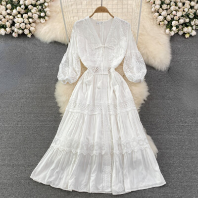 Women Lace Dress Midi Beach Summer V-neck Boho Embroidery