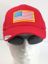 AMERICAN FLAG w/ GOLD BORDER Patch on RED Baseball Cap - Flex-Fit/SMALL