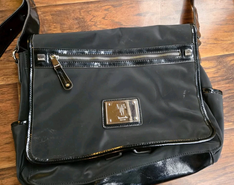 Tignanello Bolso de Hombro Mensajero Negro Amarillo Interior Laptop Computadora Cartera  Foto 4 de 4
