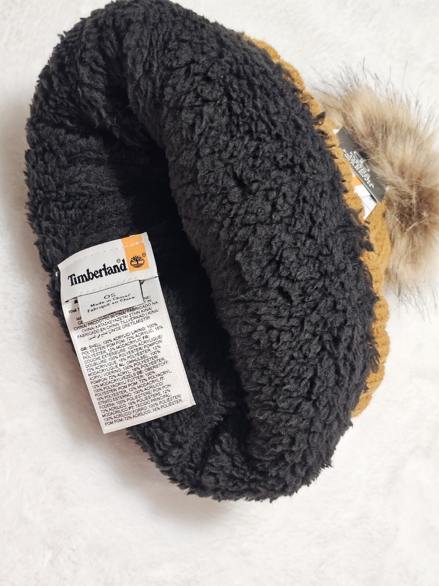 TIMBERLAND Cable Knit Faux Fur PomPom Fleece Lined BEANIE  display picture 3