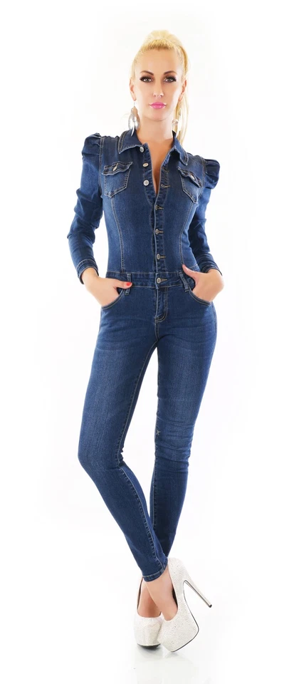 Langarm Jeans Overall Hose Jumpsuit Röhre Skinny Denim Einteiler Puffärmel S M L - Bild 4 von 4