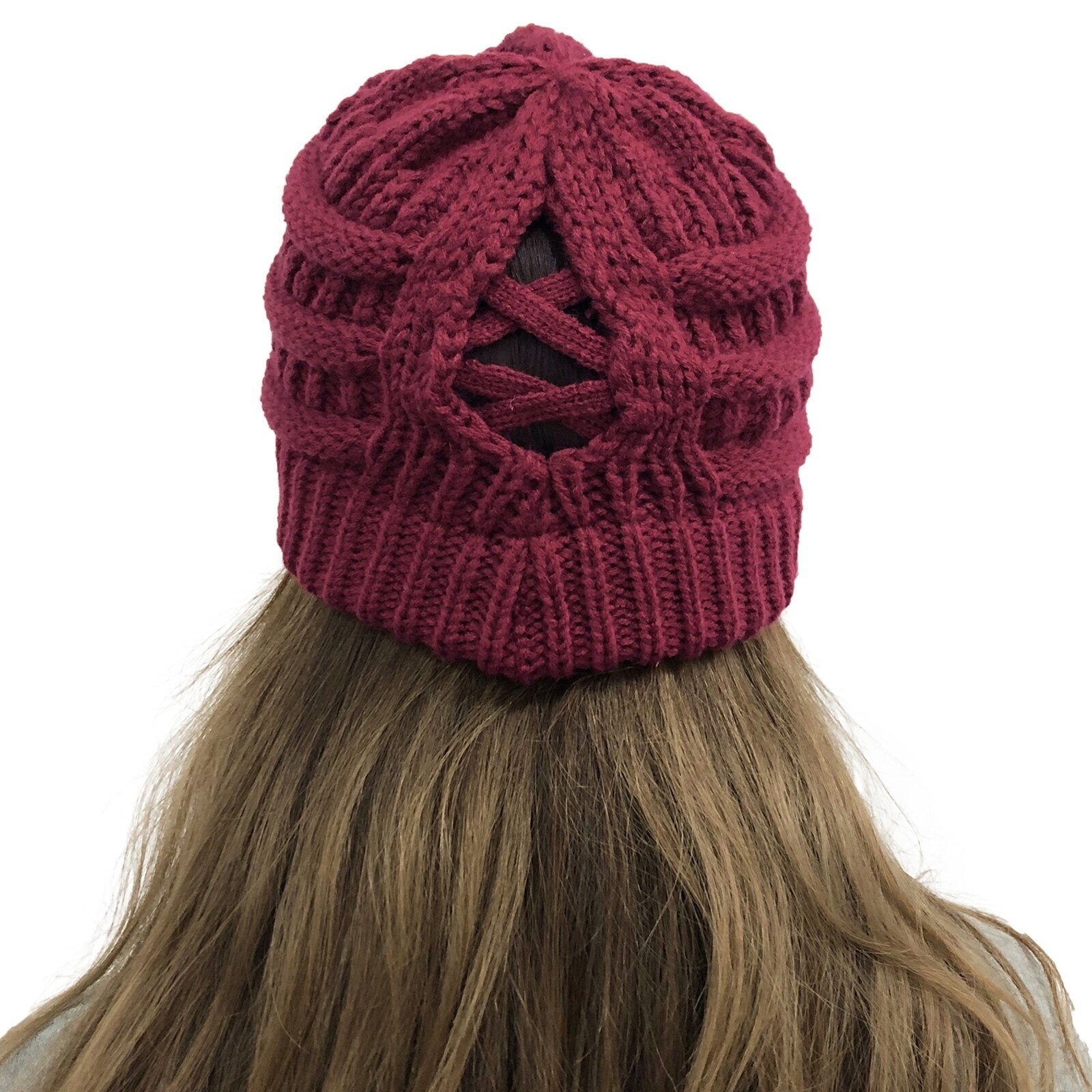 Red Women Ponytail Messy Bun Beanie Pony Tail Winter Knit Stretch Hat US