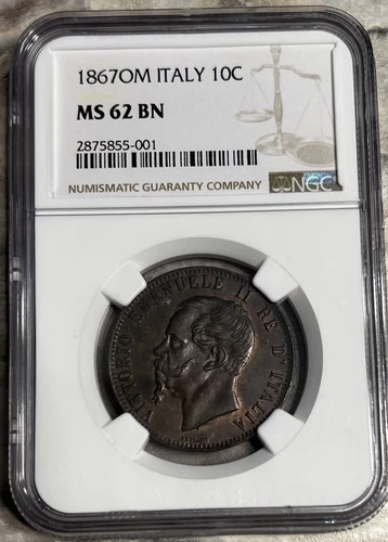 1867 OM Italy 10 Centesimi NGC MS 62 BN Few Finer. Very Rare Condition.
