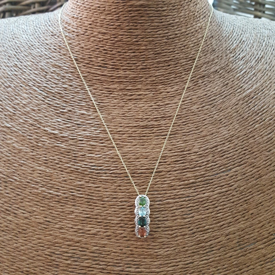 Collar de plata de ley 925, chapado en oro, piedras preciosas de turmalina multicolor  Foto 2 de 4