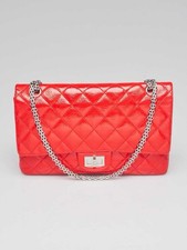 CHANEL Classic Double Flap Patent/Quilted Shoulder Bag Medium Red Leather