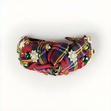Plaid Holiday Headband Red Green Gold Embellished Snowflake Beaded Women