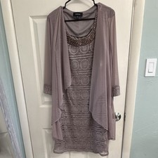 R M Richards Purple Lace 2pc Dress Jacket Set 12 Beaded Scoop 3/4