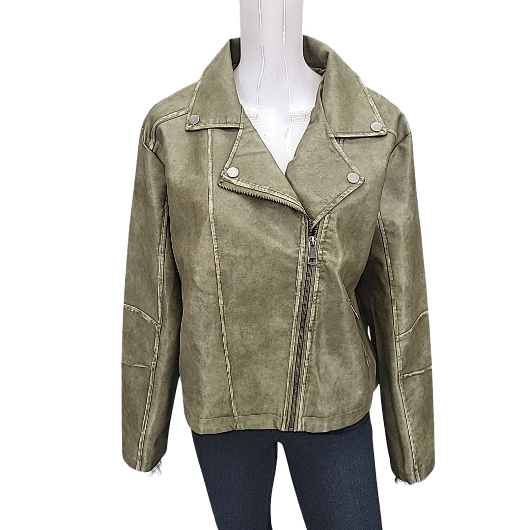 Indigo Thread Co Womens Faux Leather Moto Biker Zip Jacket Olive Size XL