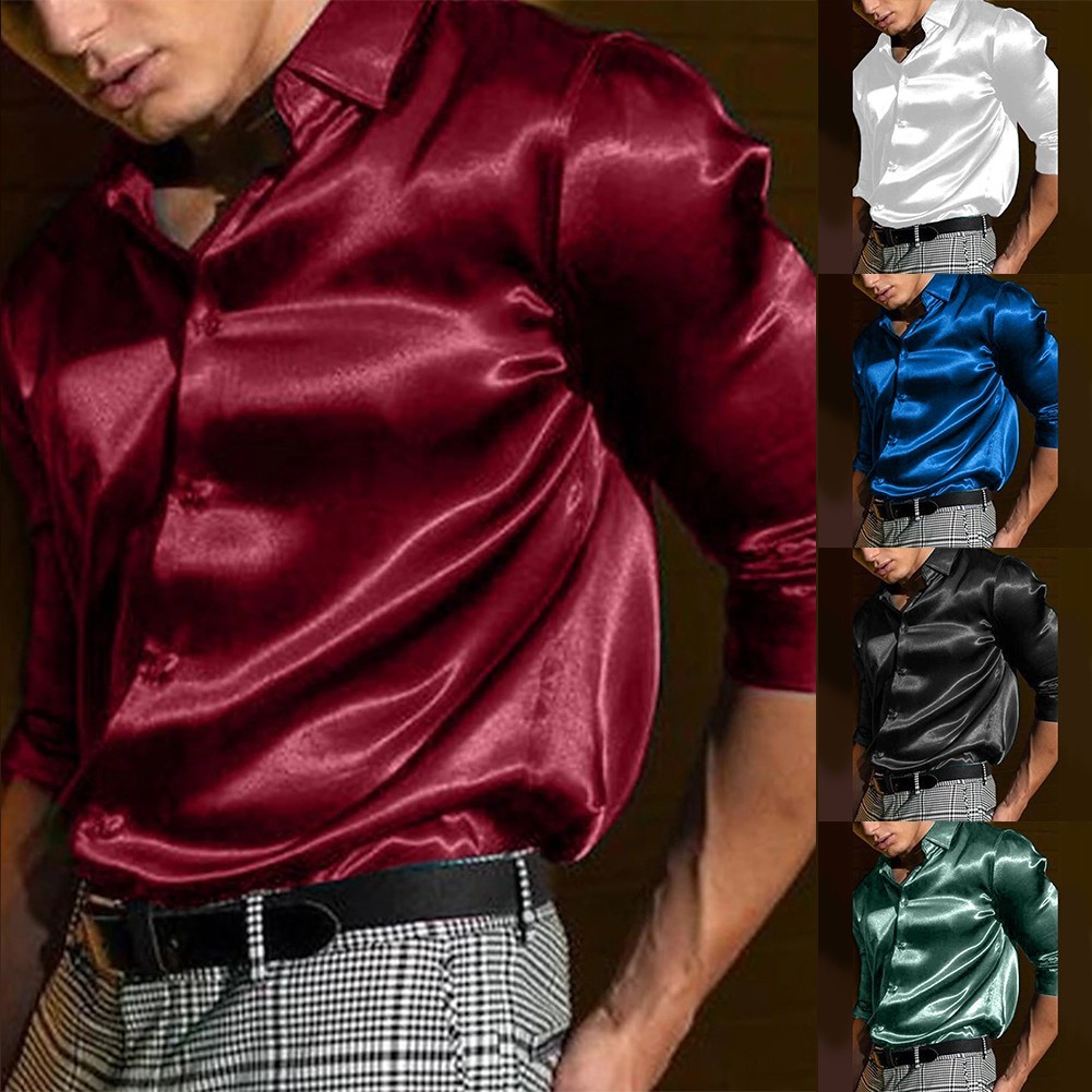 red silk dress shirt mens Sophisticated Men's Long Sleeve Satin Silk Shirt for Dressy or Casual  Outfits