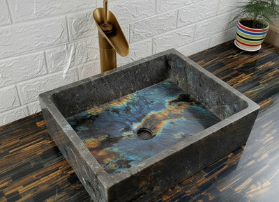 Labradorite Modern Sink   Luxury Gemstone Bathroom Basin | Handcrafted Blue Art