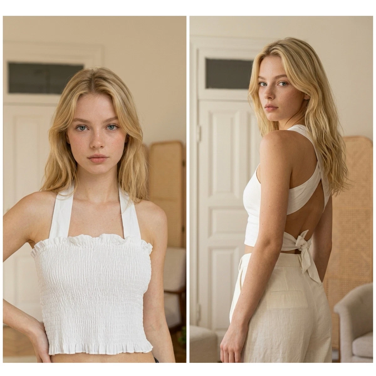 Burans Dayla White Smocked Ruffle Halter Open Back Tie Crop Top 8 Babydoll NEW