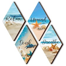 4 Pcs Ocean Beach Style Bathroom Wall Decor Wood Relax Soak Unwind Breathe Co...