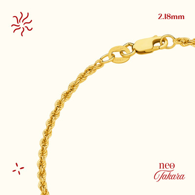 9ct Solid Yellow Gold Diamond Cut Rope Chain Bracelet 2.18mm Unisex - Italy Made