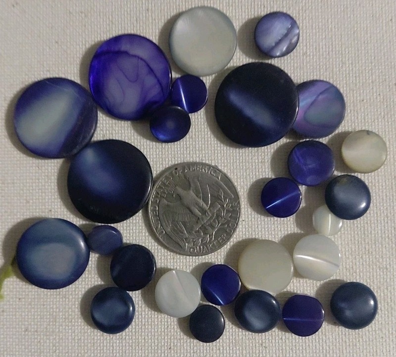 Mixed Lot of 26 Vintage Carved Mother of Pearl Shank Buttons, Blue Purple