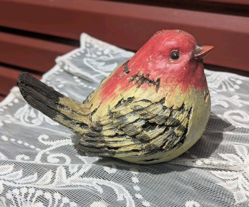 Decorative Faux Wood Rustic Red Yellow 6" Tall Bird Sculpture