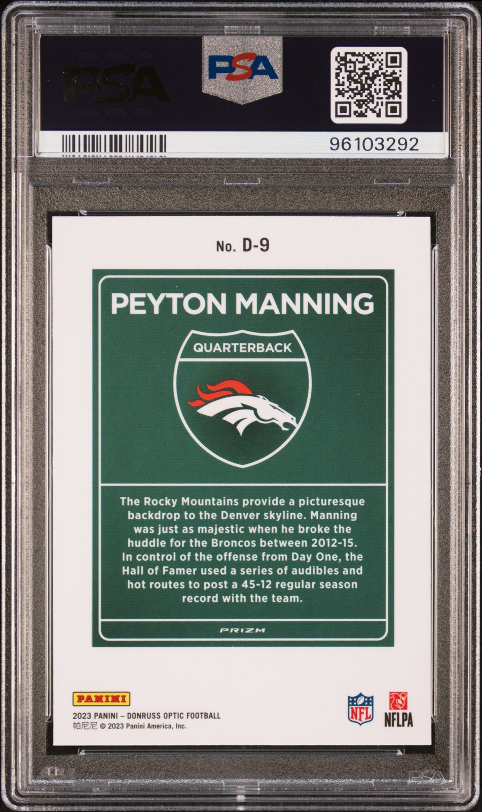 2023 Panini Donruss Optic Downtown! #D9 Peyton Manning PSA 10 view 2