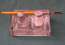 Small Hallmarked Silver and Glass Inkwell&Pounce Pot With Glass Stand &Dip Pen