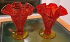 VTG Fenton? Orange / Red Art Glass Hobnail Ruffle Edge 2 Vases 4" Tall