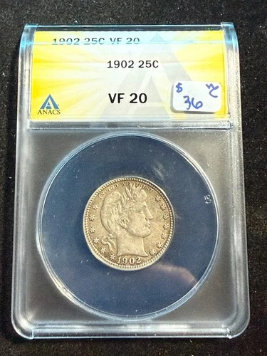 1902 BARBER QUARTER  ANACS VF 20 396