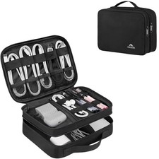 Small Electronic Organizer Travel Case, Double Layer, Antique Black Tech Storage