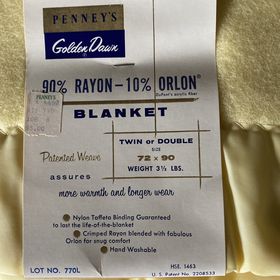Vntg Golden Dawn Blanket Yellow 90 Rayon Satin Trim Edge Twin Penney's