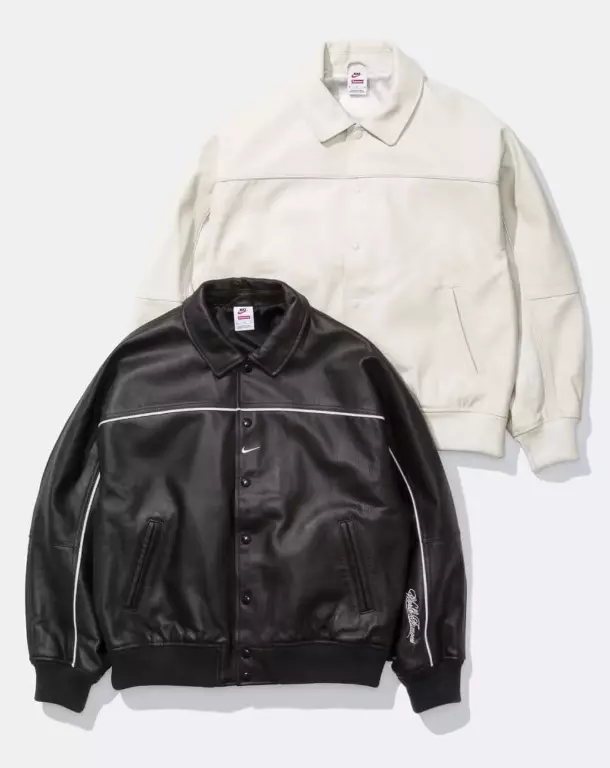 Veste universitaire en cuir Supreme x Nike noir blanc 25SS Week4 authentique Japon