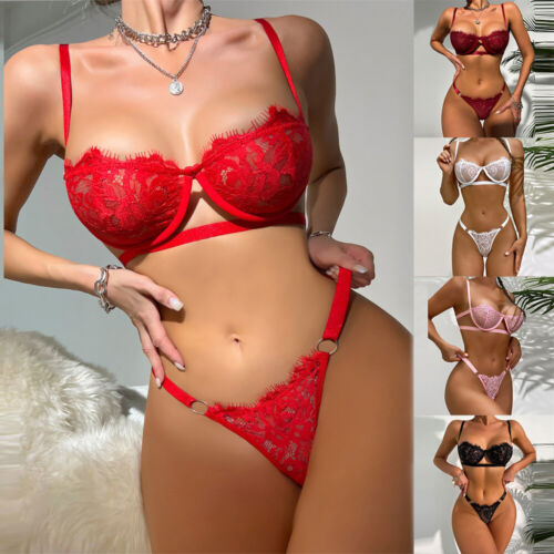 Sexy Womens Lace See-Through Bra Set Thong Sheer Underwear Nightwear Lingerie US