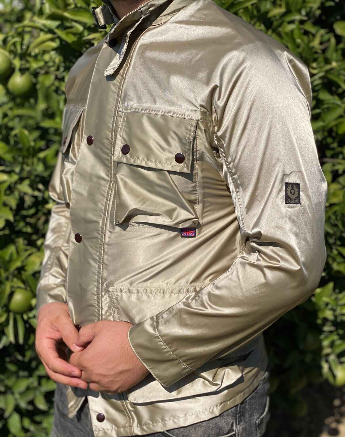 Rare Belstaff Metallic Beige Light Jacket Motorcycle Rider Coat Parka Size 42 S