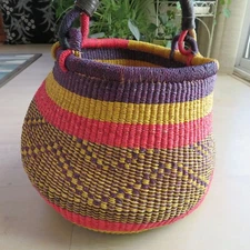 Handmade NEW Ghana Bolga Market Basket with Leather Handle Large Round