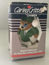 Handcrafted Caring Critter Chimer Bisque Porcelain Grandpa Bear SnowHat Green