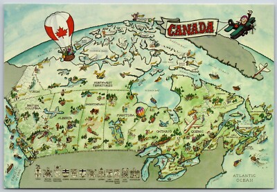 Canada Map Hot Air Balloon Airplane Artist J. Lemieux Postcard