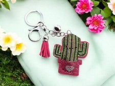 Cartoon Cactus Tassel Bling Faux Suede Stuffed Pillow Key Chain Handbag Charm