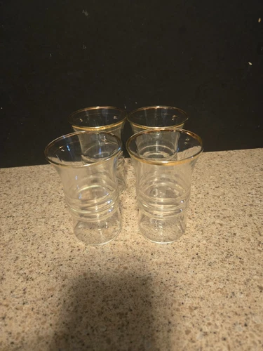 Vintage Anchor Hocking Small Ribbed 4 5/8" Tumblers Gold Rim - Set Of 4