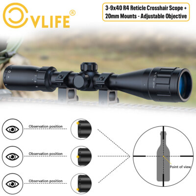  3-9x40 R4 Reticle Crosshair Rifle Scope with 20mm Mounts - Adjustable Objective
