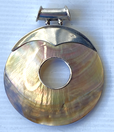 Sterling Silver Shell Pendant Circle Natural Sea Shell Stamped 925, 6.5 cm Long