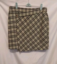 Line & Dot Asymmetric Mini Wrap Skirt Women Large Gray Tan Plaid