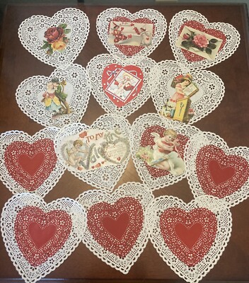 Lot of 19 Vintage Paper Heart Doilies Decor Embellished Valentine Graphics 4 -6 