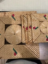 Complete Set Of Vintage Straw Kitchen Table Set Cherry Rose Pattern