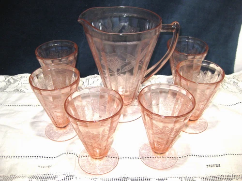 Pink Depression Glass Beverage Set Pitcher and 6 Glasses