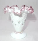 FENTON ART GLASS "VIOLETS IN THE SNOW" SPANISH LACE 4" MILK GLASS VASE SIGNED