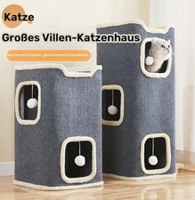 Katzenturm Kratztonne 3 Ebenen Kratzbaum mit Spielbällen Kuschelhöhle Grau Groß