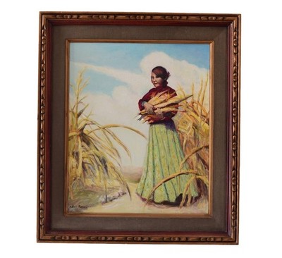 Original Navajo Women Oil Painting Collecting Corn Signed Ada 32  X 28 