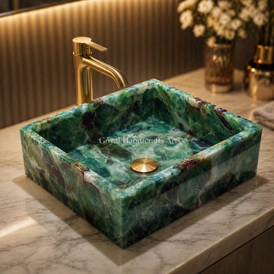 Green Fluorite Agate Vessel Sink Natural Stone Bathroom Basin Luxury Vanity Sink