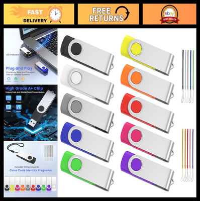 32GB Flash Drive 10 Pack - USB 2.0 Memory Sticks with Lanyards, Swivel Design, B