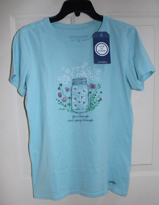 NWT Life Is Good Fireflies in Jar Flowers Women's Medium Crusher Blue T-shirt