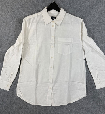 Gap Shirt Womens S White Linen Blend Button Up Oversized Long Sleeve Pocket NWOT